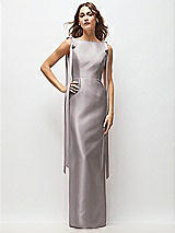 Front View Thumbnail - Cashmere Gray Bateau Neck Satin Column Maxi Dress with Exaggerated Tail Bow Straps
