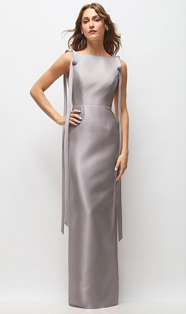 Front View - Cashmere Gray Bateau Neck Satin Column Maxi Dress with Exaggerated Tail Bow Straps