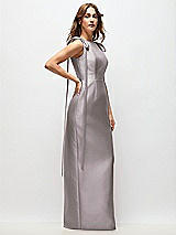 Side View Thumbnail - Cashmere Gray Bateau Neck Satin Column Maxi Dress with Exaggerated Tail Bow Straps