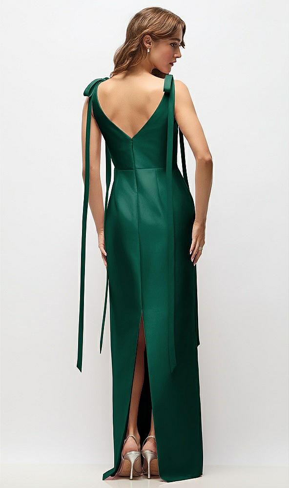 Back View - Hunter Green Bateau Neck Satin Column Maxi Dress with Exaggerated Tail Bow Straps