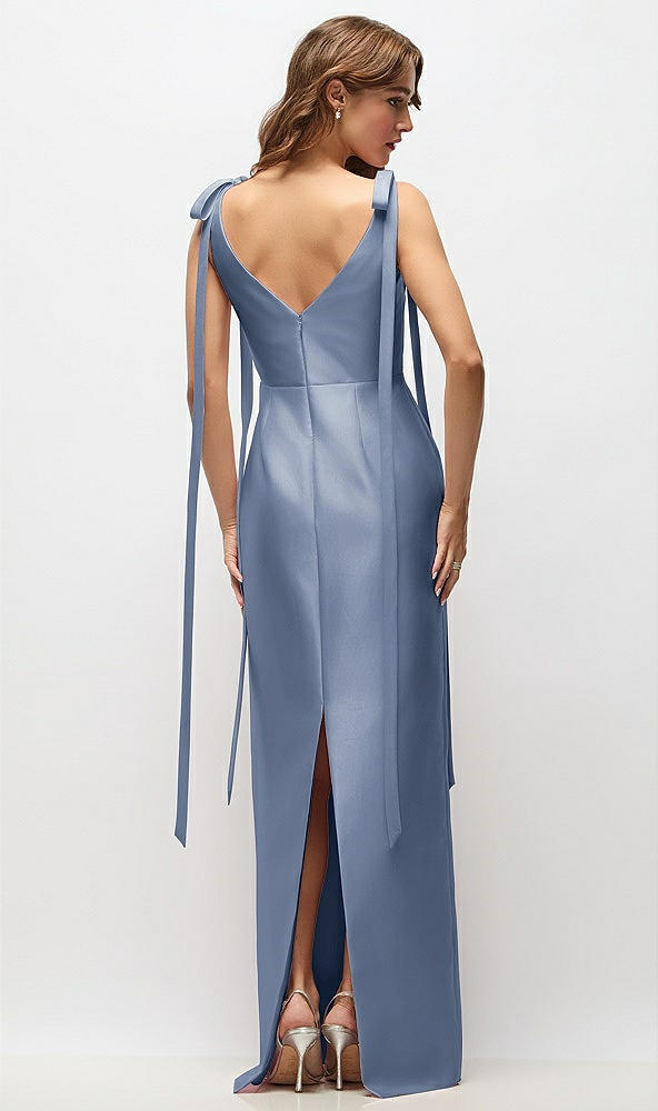 Back View - Larkspur Blue Bateau Neck Satin Column Maxi Dress with Exaggerated Tail Bow Straps