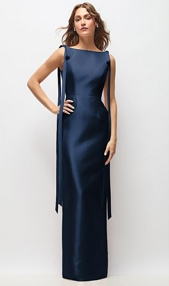 Front View - Midnight Navy Bateau Neck Satin Column Maxi Dress with Exaggerated Tail Bow Straps