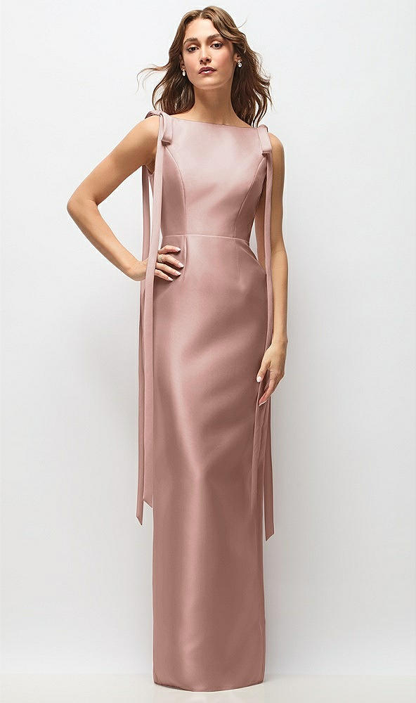 Front View - Neu Nude Bateau Neck Satin Column Maxi Dress with Exaggerated Tail Bow Straps
