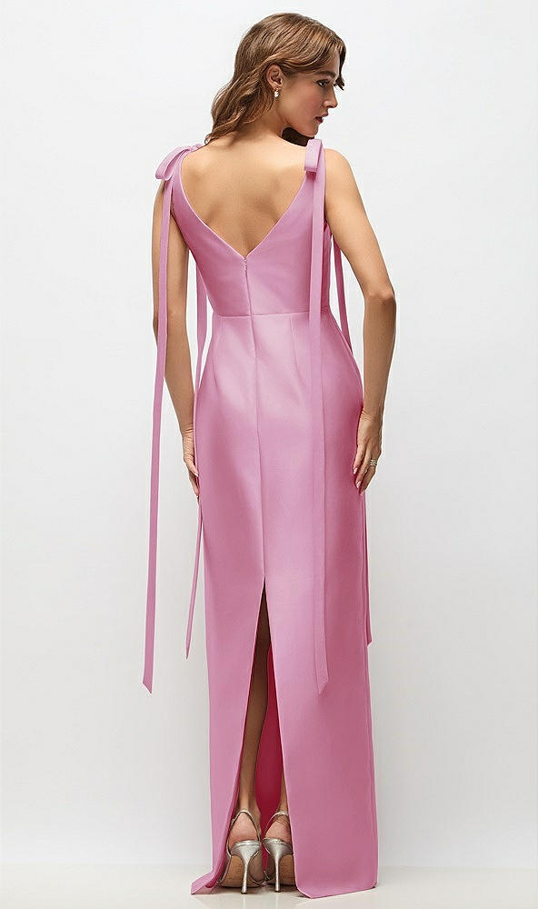 Back View - Powder Pink Bateau Neck Satin Column Maxi Dress with Exaggerated Tail Bow Straps
