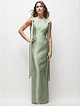 Front View Thumbnail - Sage Bateau Neck Satin Column Maxi Dress with Exaggerated Tail Bow Straps