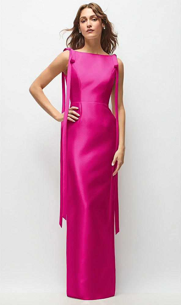 Front View - Think Pink Bateau Neck Satin Column Maxi Dress with Exaggerated Tail Bow Straps