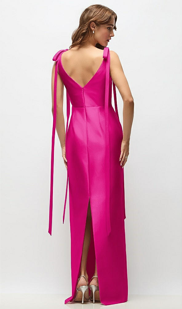 Back View - Think Pink Bateau Neck Satin Column Maxi Dress with Exaggerated Tail Bow Straps