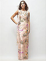 Front View Thumbnail - Butterfly Botanica Pink Sand Floral Bateau Neck Satin Column Maxi Dress with Exaggerated Tail Bow Straps