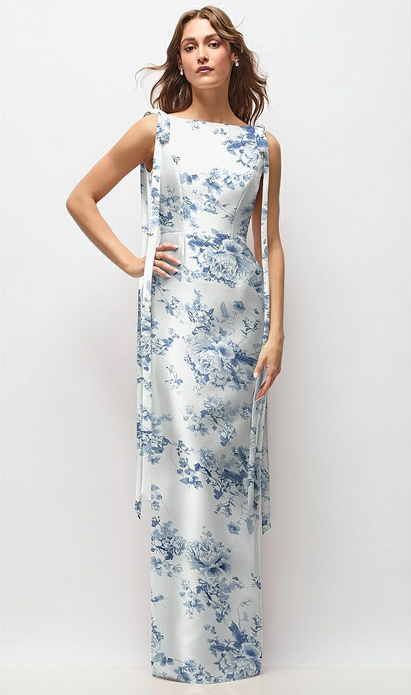 Front View - Cottage Rose Larkspur Floral Bateau Neck Satin Column Maxi Dress with Exaggerated Tail Bow Straps