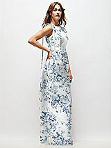 Side View Thumbnail - Cottage Rose Larkspur Floral Bateau Neck Satin Column Maxi Dress with Exaggerated Tail Bow Straps