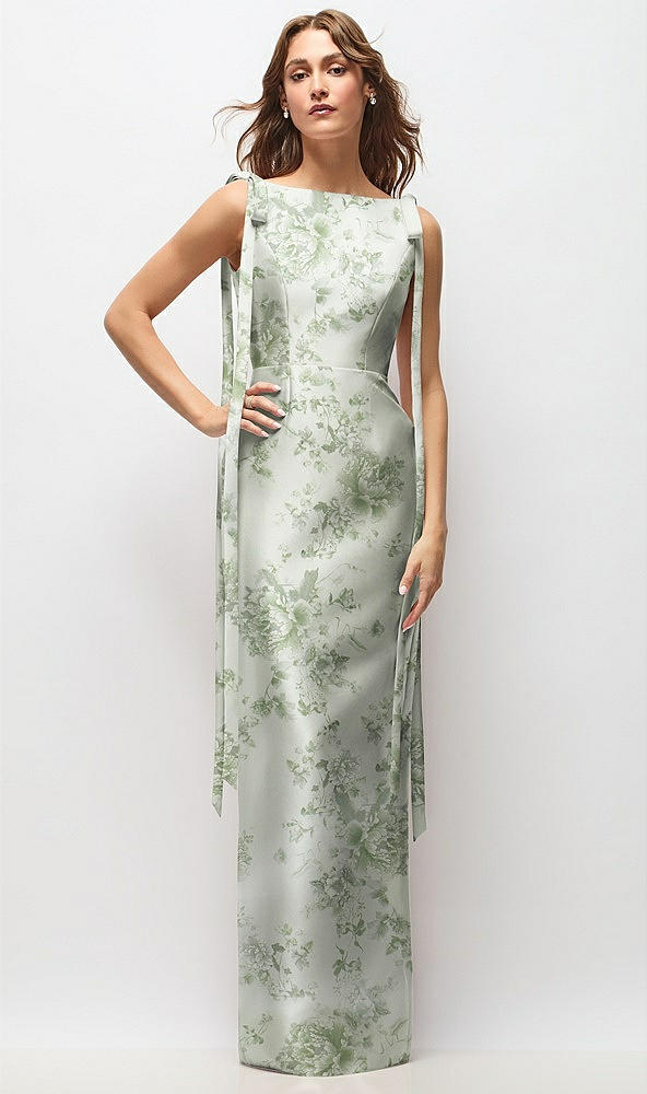 Front View - Sage Cottage Rose Floral Bateau Neck Satin Column Maxi Dress with Exaggerated Tail Bow Straps