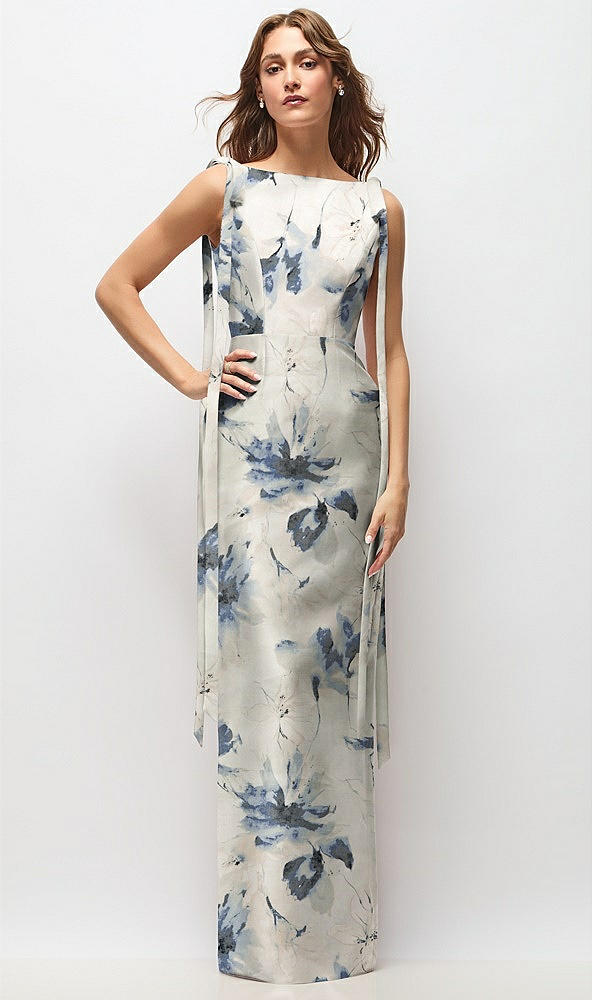 Front View - Inkwash Blue Floral Floral Bateau Neck Satin Column Maxi Dress with Exaggerated Tail Bow Straps