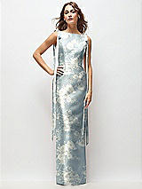 Front View Thumbnail - Porcelain Blue Seraphina Floral Floral Bateau Neck Satin Column Maxi Dress with Exaggerated Tail Bow Straps