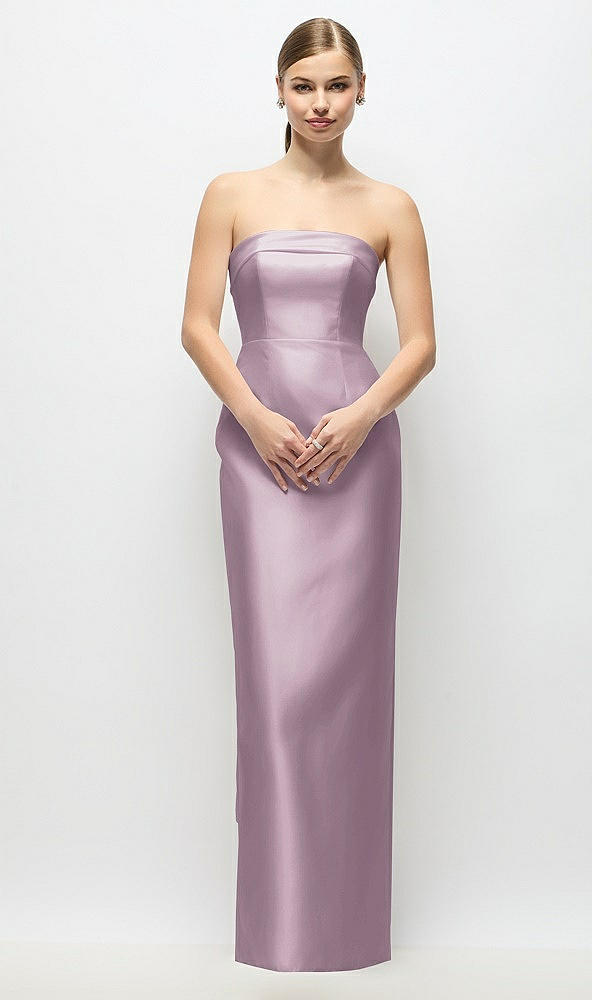 Back View - Suede Rose Strapless Cuff Satin Maxi Dress with Column Skirt & Back Bow 