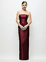 Rear View Thumbnail - Cabernet Strapless Cuff Satin Maxi Dress with Column Skirt & Back Bow 