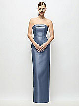 Rear View Thumbnail - Larkspur Blue Strapless Cuff Satin Maxi Dress with Column Skirt & Back Bow 