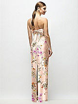 Rear View Thumbnail - Butterfly Botanica Pink Sand Strapless Cuff Floral Satin Maxi Dress with Column Skirt & Back Bow 