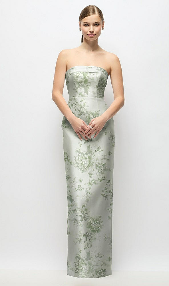 Front View - Sage Cottage Rose Strapless Cuff Floral Satin Maxi Dress with Column Skirt & Back Bow 