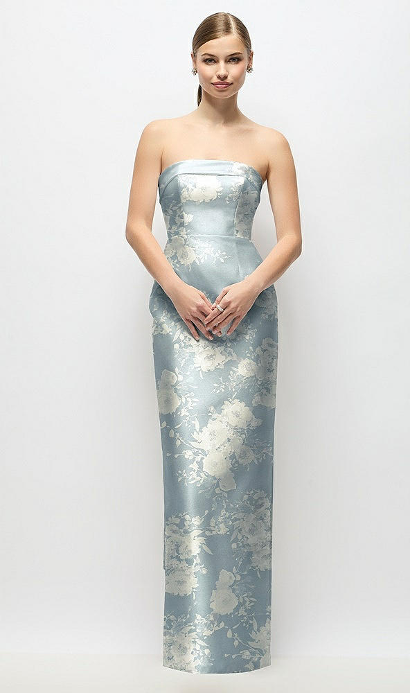 Front View - Porcelain Blue Seraphina Floral Strapless Cuff Floral Satin Maxi Dress with Column Skirt & Back Bow 
