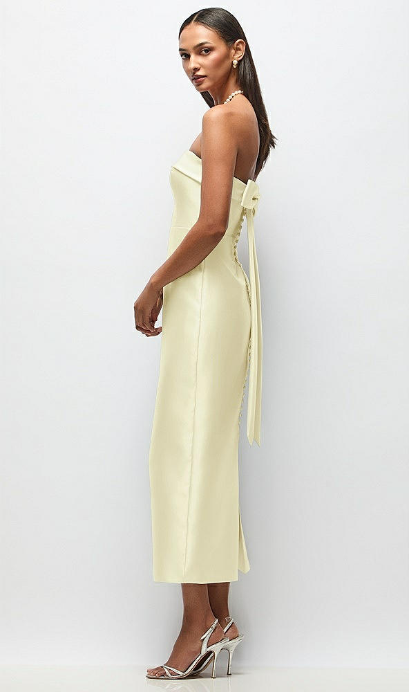 Front View - Butter Yellow Strapless Cuff Satin Midi Dress with Column Skirt & Back Bow 
