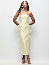 Rear View Thumbnail - Butter Yellow Strapless Cuff Satin Midi Dress with Column Skirt & Back Bow 
