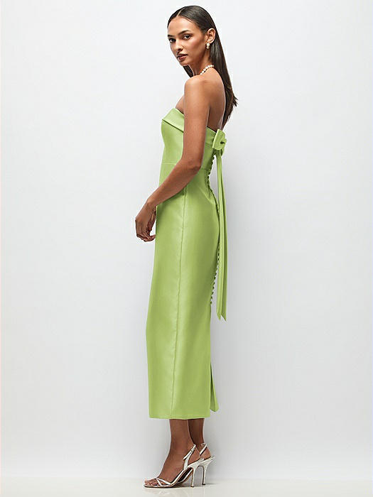 Strapless Cuff Satin Midi Dress with Column Skirt & Back Bow 