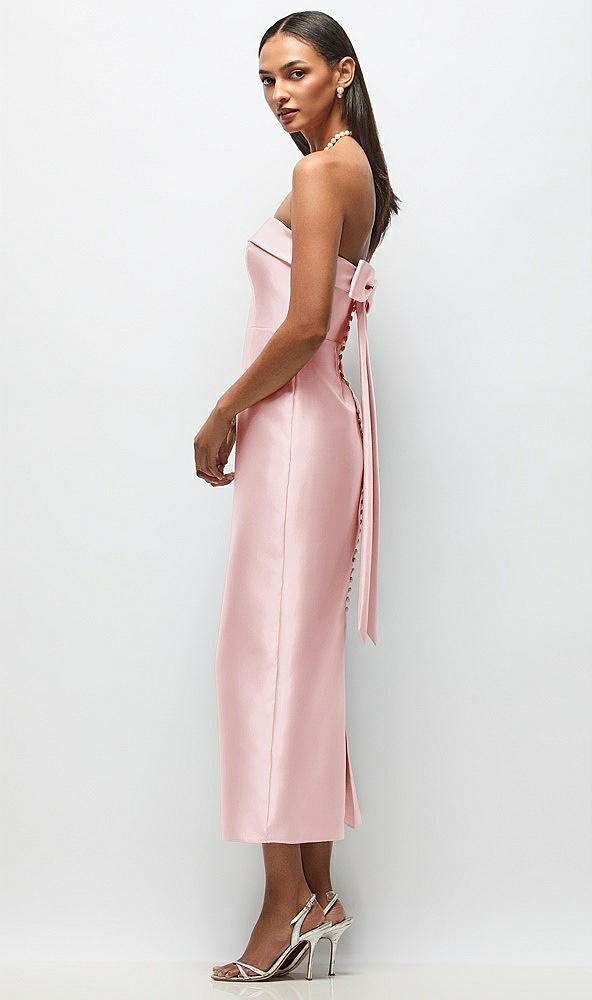Front View - Ballet Pink Strapless Cuff Satin Midi Dress with Column Skirt & Back Bow 