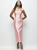 Rear View Thumbnail - Ballet Pink Strapless Cuff Satin Midi Dress with Column Skirt & Back Bow 