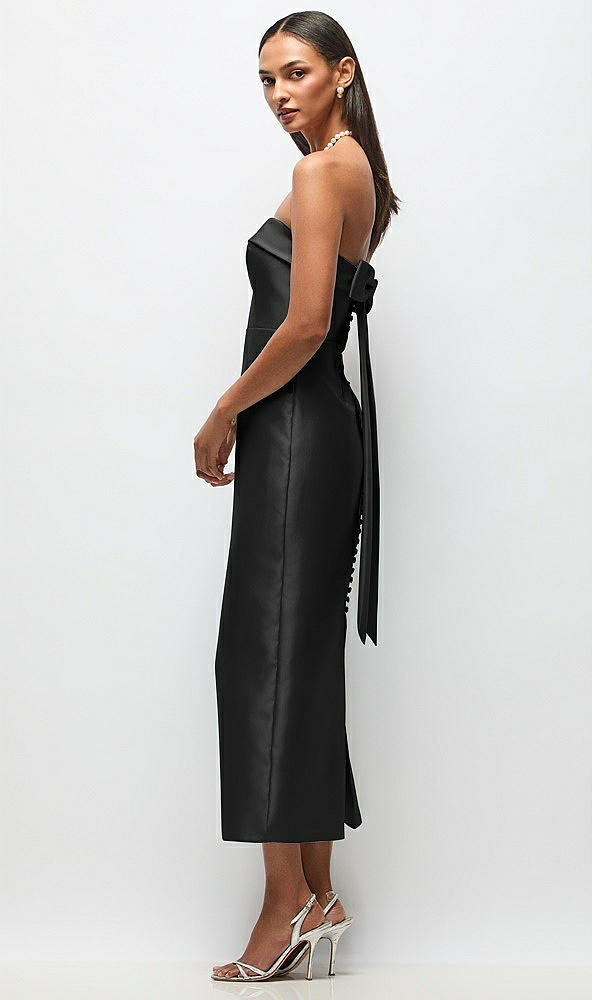 Front View - Black Strapless Cuff Satin Midi Dress with Column Skirt & Back Bow