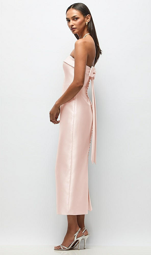 Front View - Blush Strapless Cuff Satin Midi Dress with Column Skirt & Back Bow 