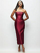 Rear View Thumbnail - Burgundy Strapless Cuff Satin Midi Dress with Column Skirt & Back Bow 