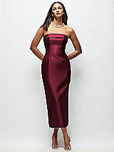 Rear View Thumbnail - Cabernet Strapless Cuff Satin Midi Dress with Column Skirt & Back Bow 