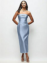 Rear View Thumbnail - Cloudy Strapless Cuff Satin Midi Dress with Column Skirt & Back Bow 