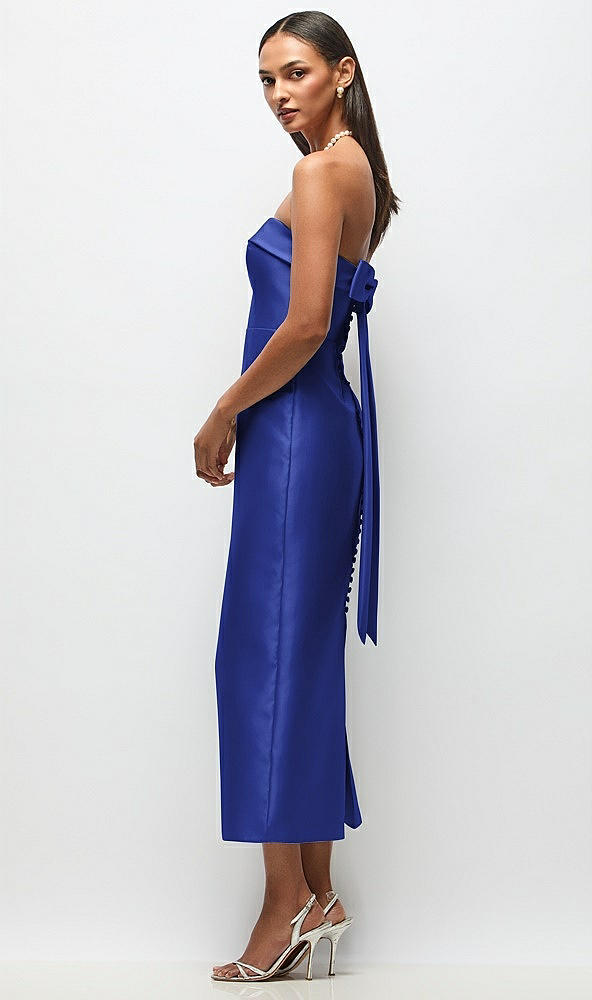 Front View - Cobalt Blue Strapless Cuff Satin Midi Dress with Column Skirt & Back Bow 