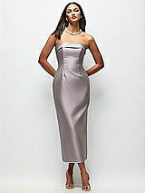Rear View Thumbnail - Cashmere Gray Strapless Cuff Satin Midi Dress with Column Skirt & Back Bow 