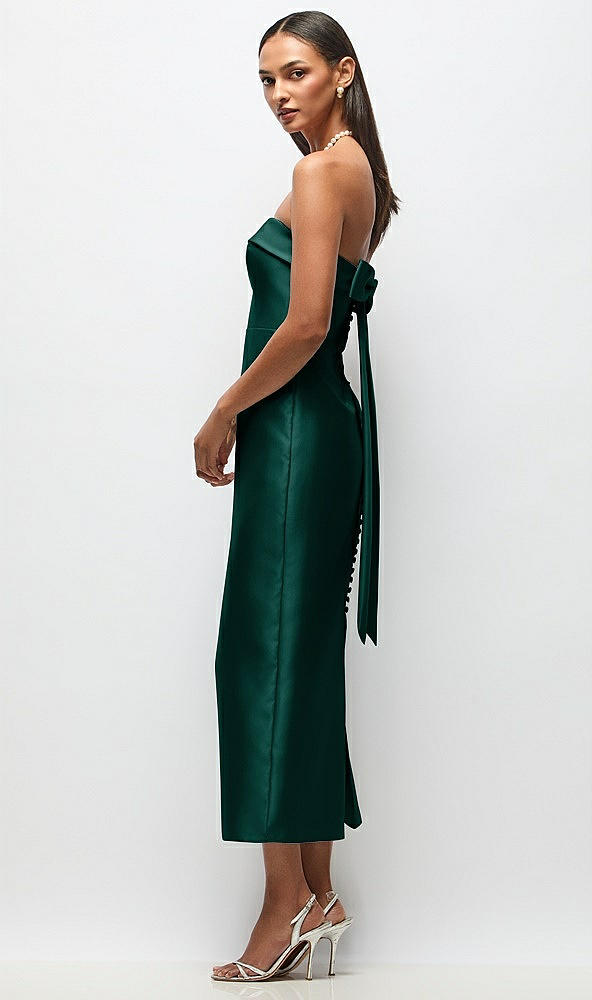 Front View - Evergreen Strapless Cuff Satin Midi Dress with Column Skirt & Back Bow 
