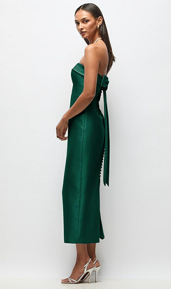 Front View - Hunter Green Strapless Cuff Satin Midi Dress with Column Skirt & Back Bow 