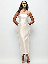 Rear View Thumbnail - Ivory Strapless Cuff Satin Midi Dress with Column Skirt & Back Bow