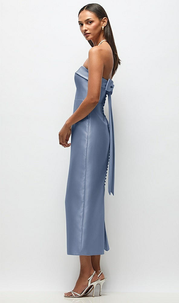 Front View - Larkspur Blue Strapless Cuff Satin Midi Dress with Column Skirt & Back Bow 