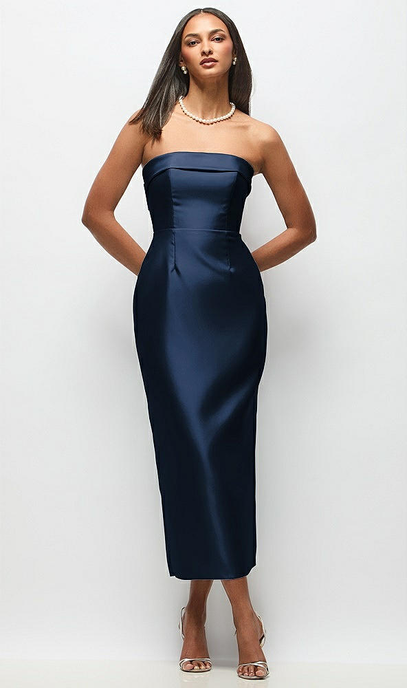 Back View - Midnight Navy Strapless Cuff Satin Midi Dress with Column Skirt & Back Bow 