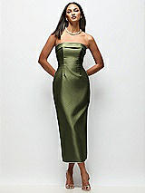 Rear View Thumbnail - Olive Green Strapless Cuff Satin Midi Dress with Column Skirt & Back Bow 