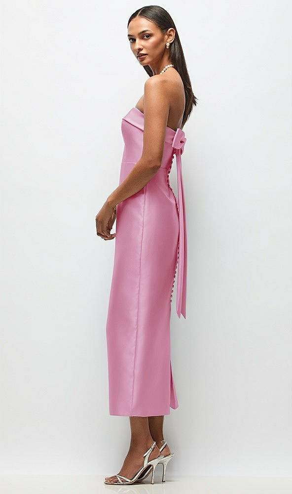 Front View - Powder Pink Strapless Cuff Satin Midi Dress with Column Skirt & Back Bow 