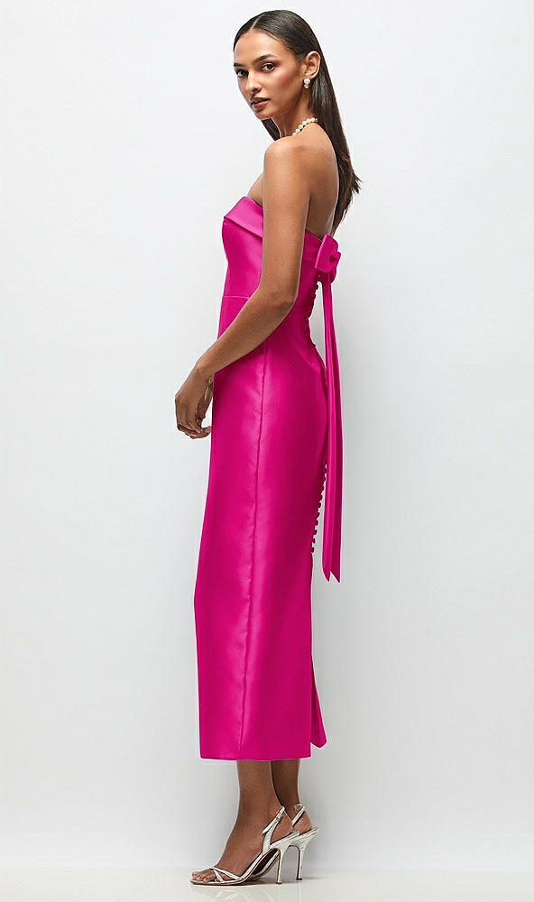 Front View - Think Pink Strapless Cuff Satin Midi Dress with Column Skirt & Back Bow 