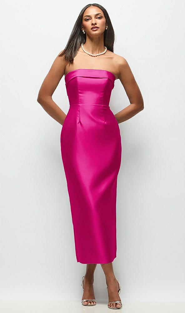 Back View - Think Pink Strapless Cuff Satin Midi Dress with Column Skirt & Back Bow 