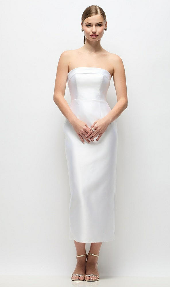 Back View - White Strapless Cuff Satin Midi Dress with Column Skirt & Back Bow