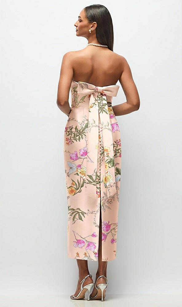 Back View - Butterfly Botanica Pink Sand Strapless Cuff Floral Satin Midi Dress with Column Skirt & Back Bow 