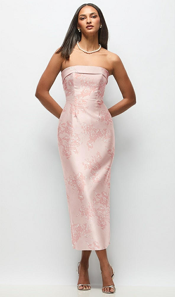 Front View - Bow And Blossom Print Strapless Cuff Floral Satin Midi Dress with Column Skirt & Back Bow
