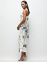 Side View Thumbnail - Inkwash Blue Floral Strapless Cuff Floral Satin Midi Dress with Column Skirt & Back Bow