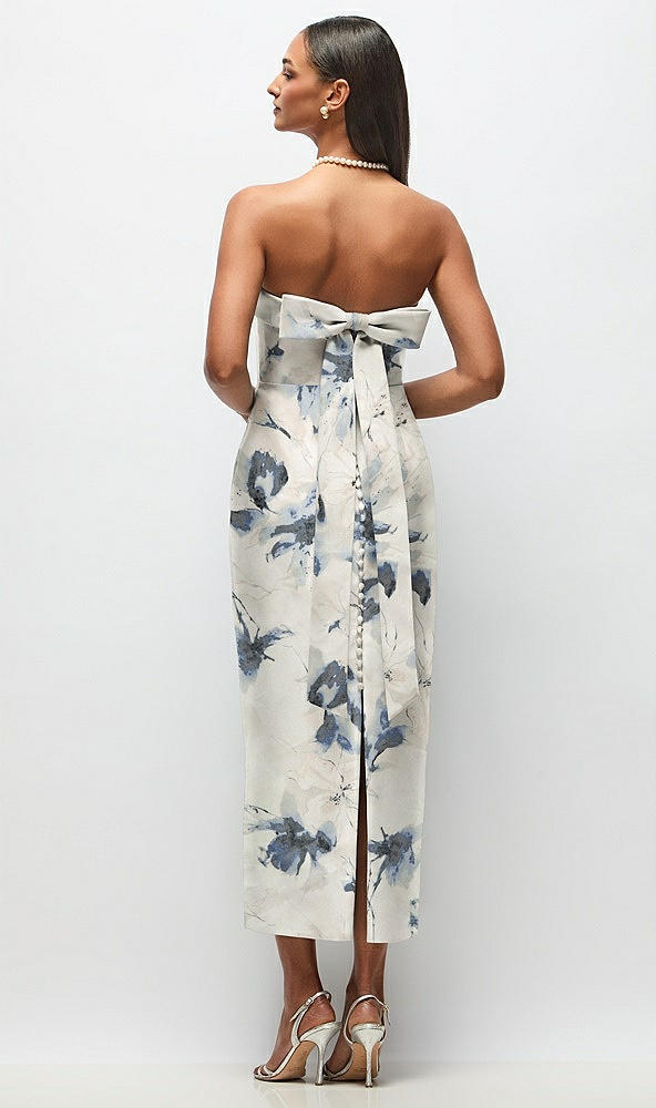 Back View - Inkwash Blue Floral Strapless Cuff Floral Satin Midi Dress with Column Skirt & Back Bow