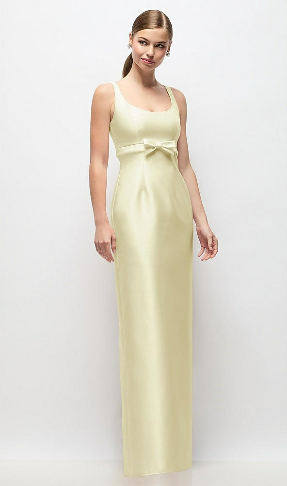 Front View - Butter Yellow Scoop Neck Satin Column Maxi Dress with Bow at Empire Waist